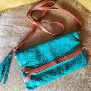 Stamped Teal Genuine Leather Purse